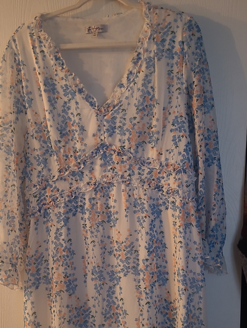 Polagram White Midi Dress w/ Blue & Peach Floral Print